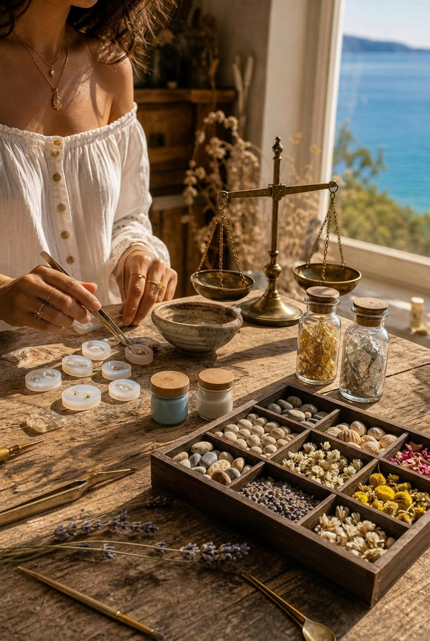 María dans son atelier créant un bijou en résine